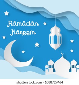 Ramadan Kareem Design Background With Lantern, Moon, Star, Mosque Paper Art. Vector Illustration