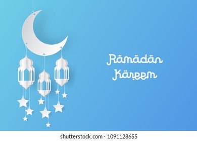 Ramadan kareem design background with lantern, moon, star, mosque paper art. vector illustration