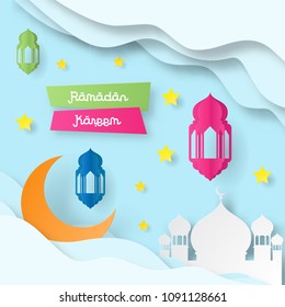 Ramadan kareem design background with lantern, moon, star, mosque paper art. vector illustration