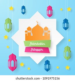 Ramadan kareem design background with lantern, star, mosque paper art. vector illustration