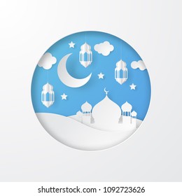 Ramadan kareem design background with lantern, moon, star, mosque paper art. vector illustration