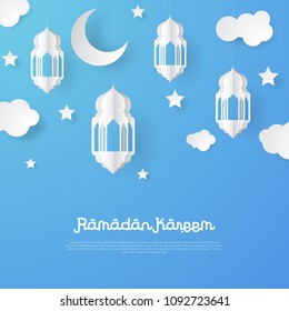 Ramadan kareem design background with lantern, moon, star paper art. vector illustration