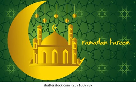 Ramadan Kareem design background with moon and gold lantern illustration.