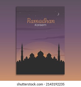 Ramadan Kareem Design Hintergrund Moschee Silhouette bei Sonnenaufgang Morgen. Geeignet für Hintergrundeposter, Bildschirmhintergrund, 