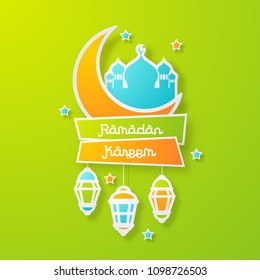 Ramadan kareem design background. Paper cut flowers, traditional lanterns, moon and stars. Vector illustration.
