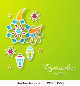 Ramadan kareem design background. Paper cut flowers, traditional lanterns, moon and stars. Vector illustration.