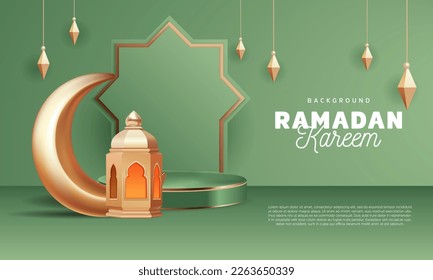 Ramadan Kareem Design Background Podium Stage Green Gold with Crescent Moon and Lantern Landscape vector Illustration