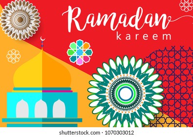 Ramadan Kareem Design Background. Vector Illustration for greeting card, poster and banner, flat design style with mandala and arabic pattern.