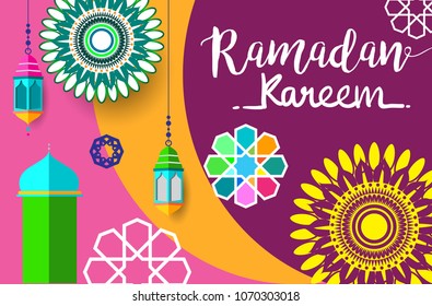 Ramadan Kareem Design Background. Vector Illustration for greeting card, poster and banner, flat design style with mandala and arabic pattern.