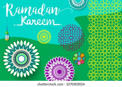 Ramadan Kareem Design Background. Vector Illustration for greeting card, poster and banner, flat design style with mandala and arabic pattern.
