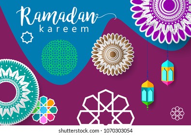 Ramadan Kareem Design Background. Vector Illustration for greeting card, poster and banner, flat design style with mandala and arabic pattern.