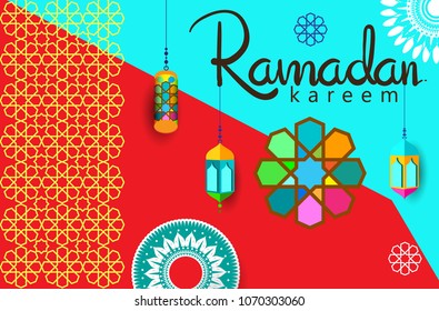 Ramadan Kareem Design Background. Vector Illustration for greeting card, poster and banner, flat design style with mandala and arabic pattern.