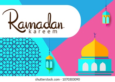 Ramadan Kareem Design Background. Vector Illustration for greeting card, poster and banner, flat design style with mandala and arabic pattern.