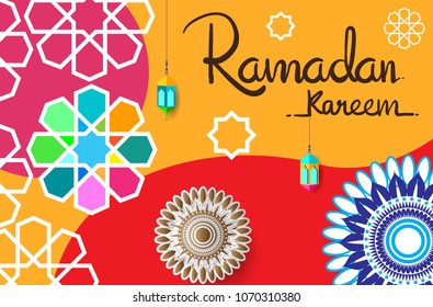 Ramadan Kareem Design Background. Vector Illustration for greeting card, poster and banner, flat design style with mandala and arabic pattern.
