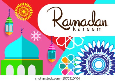 Ramadan Kareem Design Background. Vector Illustration for greeting card, poster and banner, flat design style with mandala and arabic pattern.