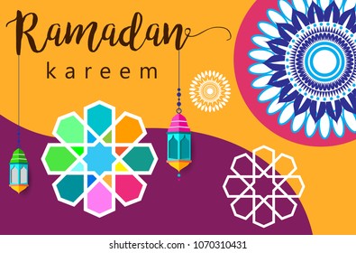 Ramadan Kareem Design Background. Vector Illustration for greeting card, poster and banner, flat design style with mandala and arabic pattern.