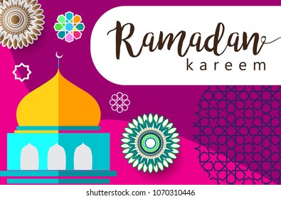 Ramadan Kareem Design Background. Vector Illustration for greeting card, poster and banner, flat design style with mandala and arabic pattern.