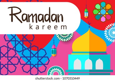 Ramadan Kareem Design Background. Vector Illustration for greeting card, poster and banner, flat design style with mandala and arabic pattern.