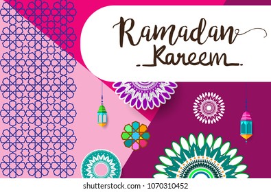 Ramadan Kareem Design Background. Vector Illustration for greeting card, poster and banner, flat design style with mandala and arabic pattern.