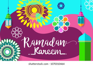 Ramadan Kareem Design Background. Vector Illustration for greeting card, poster and banner, flat design style with mandala and arabic pattern.