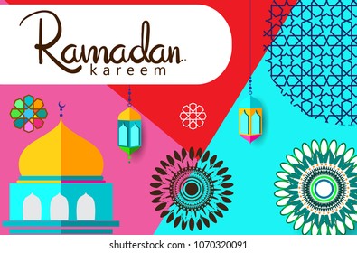 Ramadan Kareem Design Background. Vector Illustration for greeting card, poster and banner, flat design style with mandala and arabic pattern.