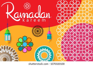 Ramadan Kareem Design Background. Vector Illustration for greeting card, poster and banner, flat design style with mandala and arabic pattern.