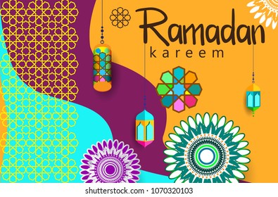 Ramadan Kareem Design Background. Vector Illustration for greeting card, poster and banner, flat design style with mandala and arabic pattern.