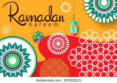 Ramadan Kareem Design Background. Vector Illustration for greeting card, poster and banner, flat design style with mandala and arabic pattern.