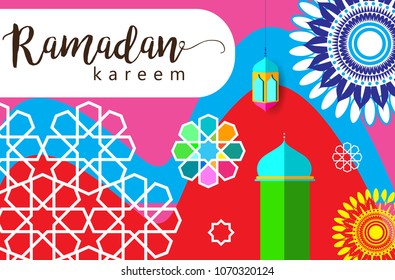 Ramadan Kareem Design Background. Vector Illustration for greeting card, poster and banner, flat design style with mandala and arabic pattern.