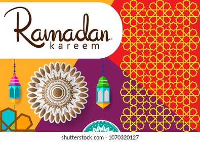 Ramadan Kareem Design Background. Vector Illustration for greeting card, poster and banner, flat design style with mandala and arabic pattern.