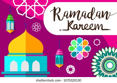 Ramadan Kareem Design Background. Vector Illustration for greeting card, poster and banner, flat design style with mandala and arabic pattern.