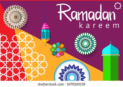Ramadan Kareem Design Background. Vector Illustration for greeting card, poster and banner, flat design style with mandala and arabic pattern.