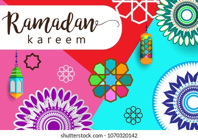 Ramadan Kareem Design Background. Vector Illustration for greeting card, poster and banner, flat design style with mandala and arabic pattern.