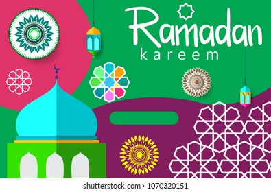 Ramadan Kareem Design Background. Vector Illustration for greeting card, poster and banner, flat design style with mandala and arabic pattern.