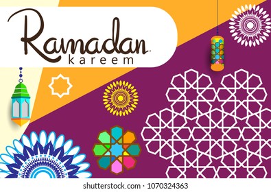 Ramadan Kareem Design Background. Vector Illustration for greeting card, poster and banner, flat design style with mandala and arabic pattern.