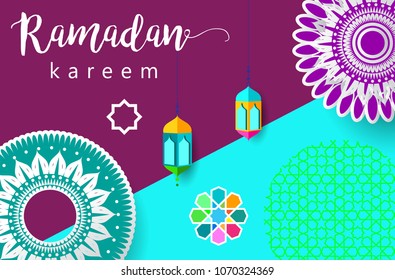 Ramadan Kareem Design Background. Vector Illustration for greeting card, poster and banner, flat design style with mandala and arabic pattern.