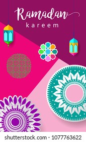 Ramadan Kareem Design Background. Vector Illustration for greeting card, poster and banner, flat design style with mandala and arabic pattern.