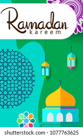 Ramadan Kareem Design Background. Vector Illustration for greeting card, poster and banner, flat design style with mandala and arabic pattern.