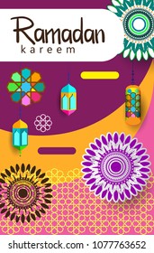 Ramadan Kareem Design Background. Vector Illustration for greeting card, poster and banner, flat design style with mandala and arabic pattern.