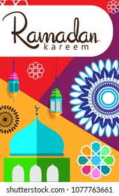 Ramadan Kareem Design Background. Vector Illustration for greeting card, poster and banner, flat design style with mandala and arabic pattern.