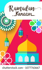 Ramadan Kareem Design Background. Vector Illustration for greeting card, poster and banner, flat design style with mandala and arabic pattern.