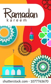 Ramadan Kareem Design Background. Vector Illustration for greeting card, poster and banner, flat design style with mandala and arabic pattern.