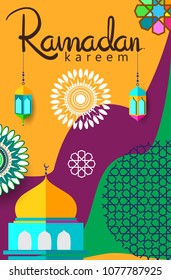 Ramadan Kareem Design Background. Vector Illustration for greeting card, poster and banner, flat design style with mandala and arabic pattern.