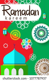 Ramadan Kareem Design Background. Vector Illustration for greeting card, poster and banner, flat design style with mandala and arabic pattern.