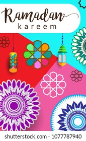 Ramadan Kareem Design Background. Vector Illustration for greeting card, poster and banner, flat design style with mandala and arabic pattern.