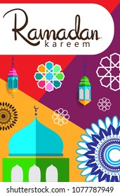 Ramadan Kareem Design Background. Vector Illustration for greeting card, poster and banner, flat design style with mandala and arabic pattern.