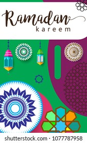 Ramadan Kareem Design Background. Vector Illustration for greeting card, poster and banner, flat design style with mandala and arabic pattern.