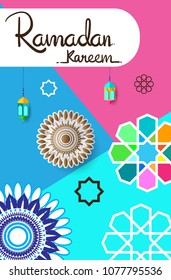 Ramadan Kareem Design Background. Vector Illustration for greeting card, poster and banner, flat design style with mandala and arabic pattern