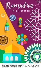 Ramadan Kareem Design Background. Vector Illustration for greeting card, poster and banner, flat design style with mandala and arabic pattern