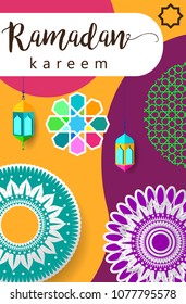 Ramadan Kareem Design Background. Vector Illustration for greeting card, poster and banner, flat design style with mandala and arabic pattern